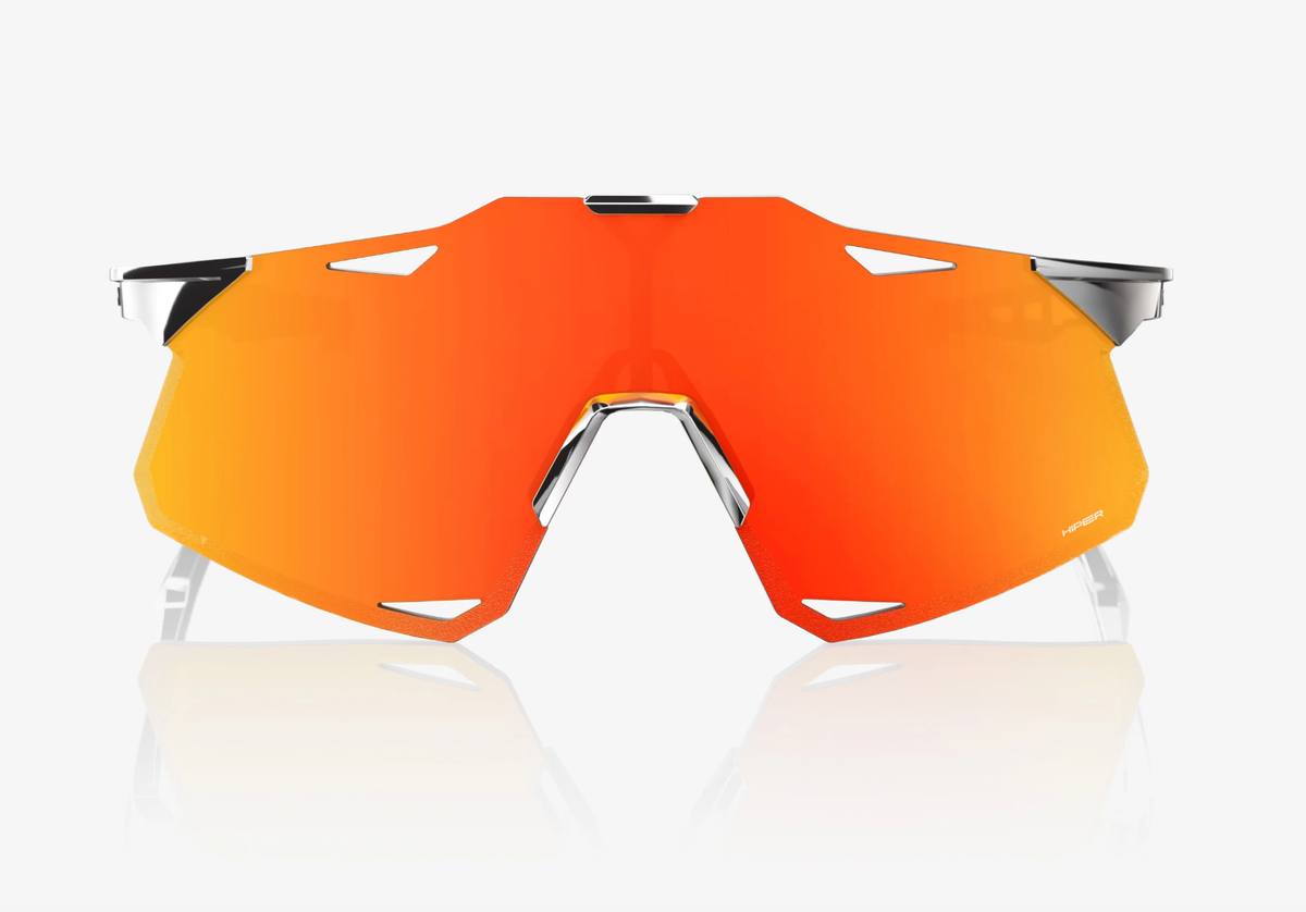 100% Hypercraft black chrome sunglasses with HiPER red mirror lens for professional cycling and outdoor performance