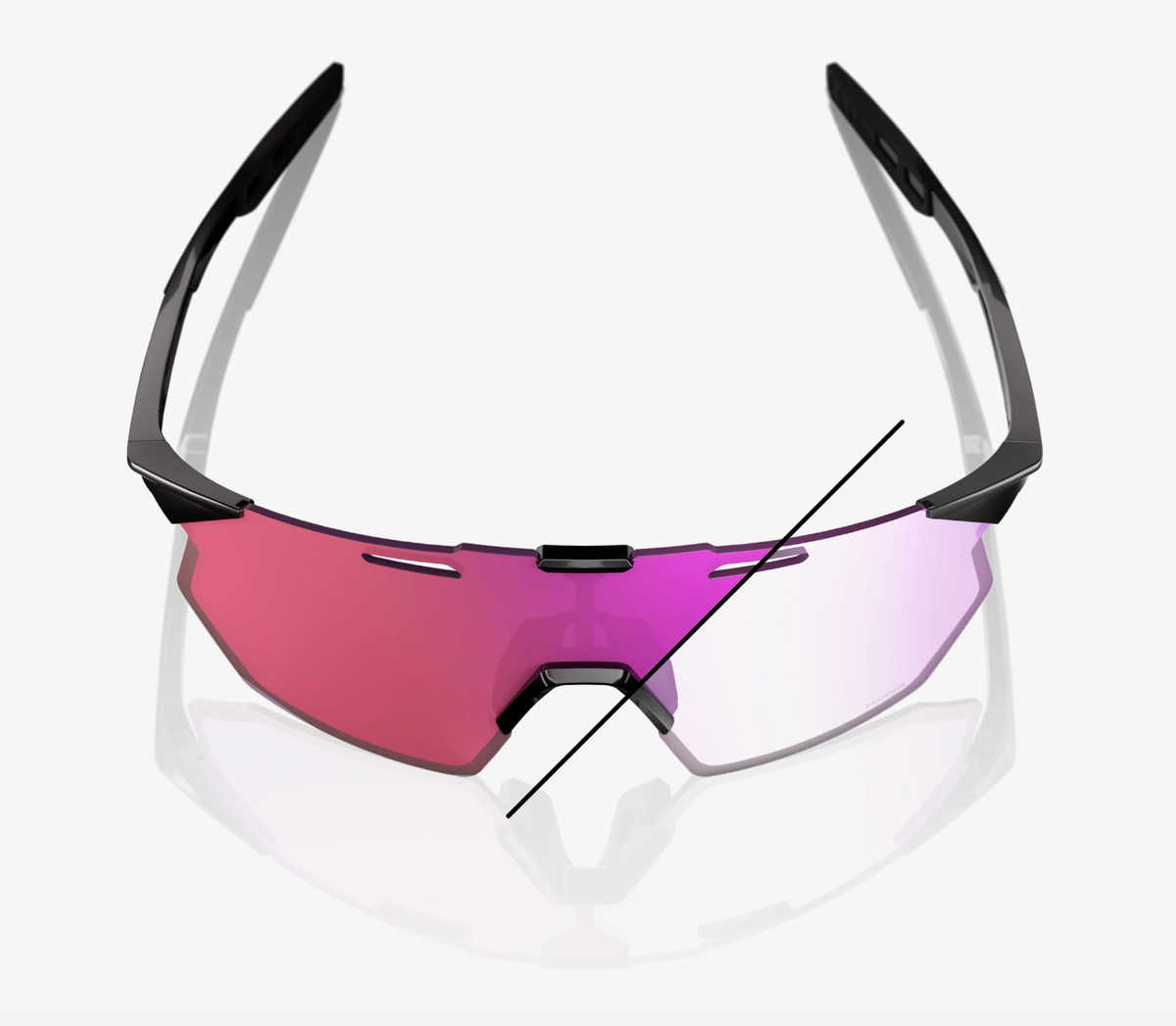 100% Hypercraft SQ gloss black sunglasses with purple mirror photochromic lens for adaptive cycling performance