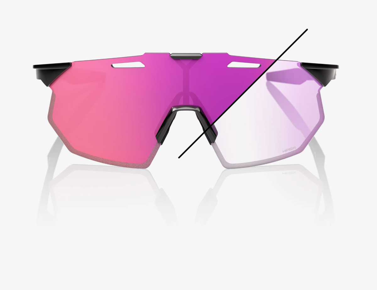 100% Hypercraft SQ gloss black sunglasses with purple mirror photochromic lens for adaptive cycling performance