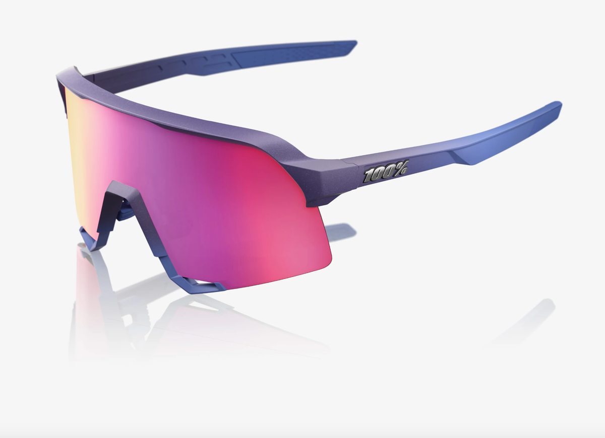 100% S3 satin storm metallic sunglasses with purple mirror lens for cycling and outdoor sports performance