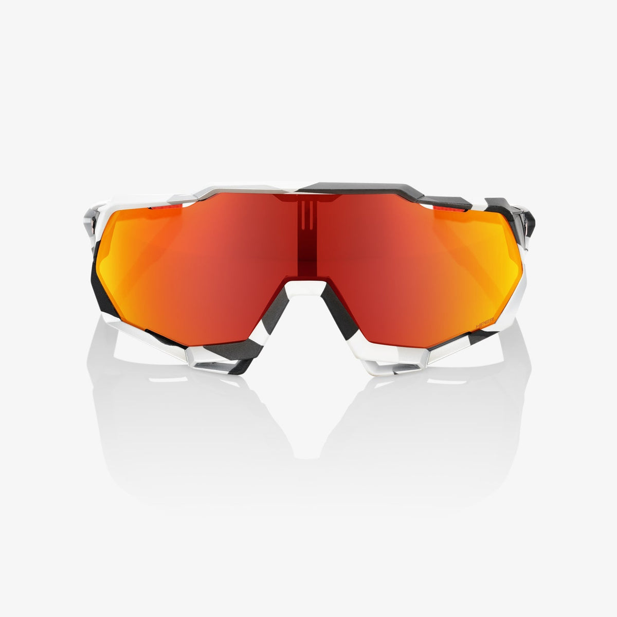 100% Speedtrap Soft Tact Grey Camo Sunglasses with HiPER Red Multilayer Mirror Lens providing UV protection and sharp vision