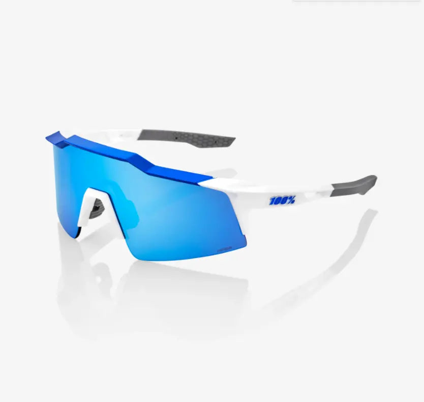 100% Speedcraft SL Matte White Metallic Blue sunglasses HiPER Blue Multilayer lens UV protection cycling eyewear