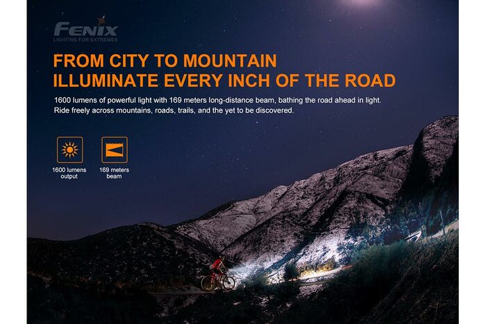 Fenix BC26R 1600 lumens rechargeable bike light with USB-C charging durable design for bright road and trail cycling