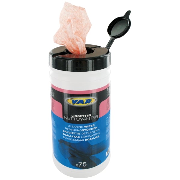 VAR NL-76800 Cleaning Wipes pack of 75 heavy-duty wipes for removing grease oil and dirt in bike workshops or maintenance setups