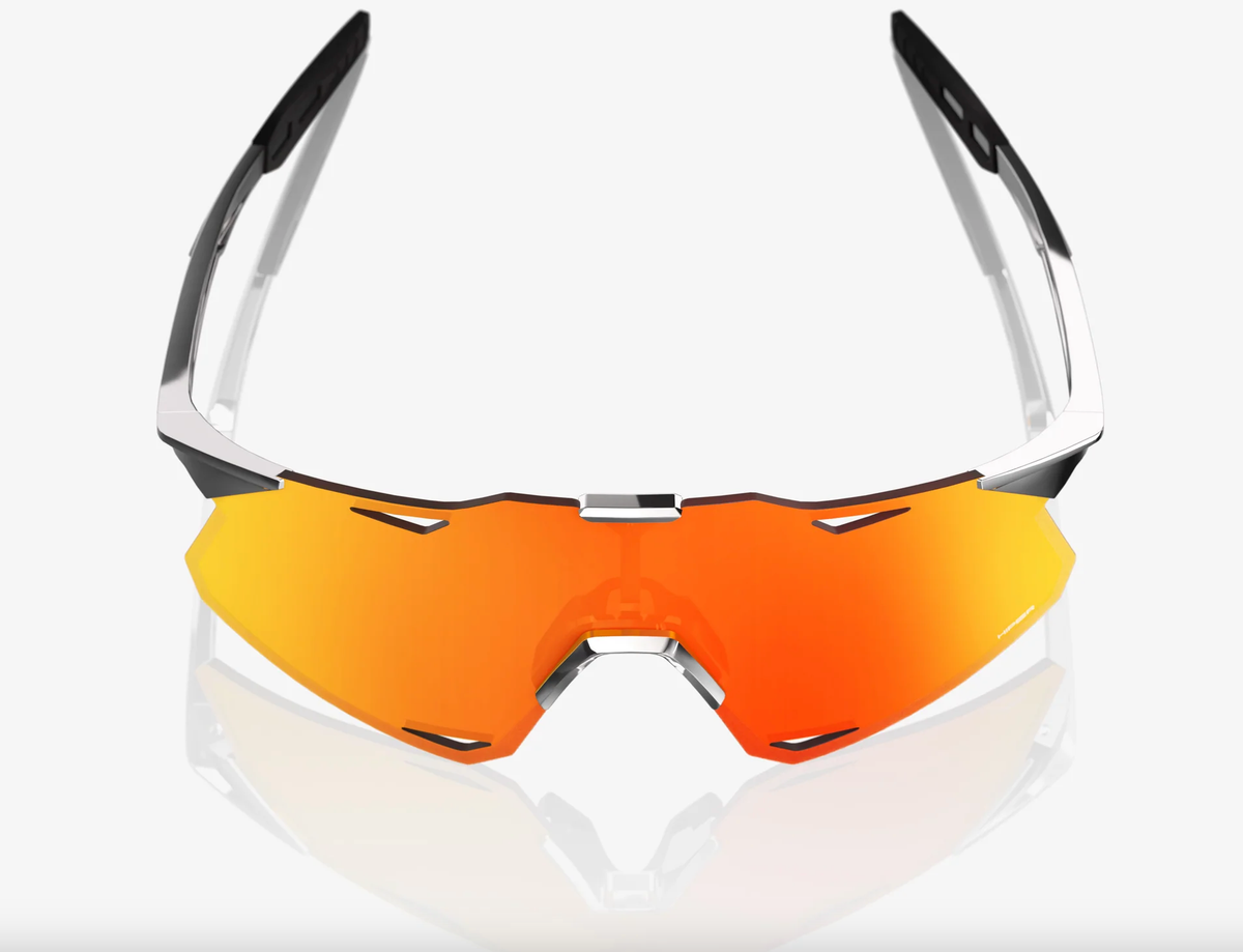 100% Hypercraft black chrome sunglasses with HiPER red mirror lens for professional cycling and outdoor performance