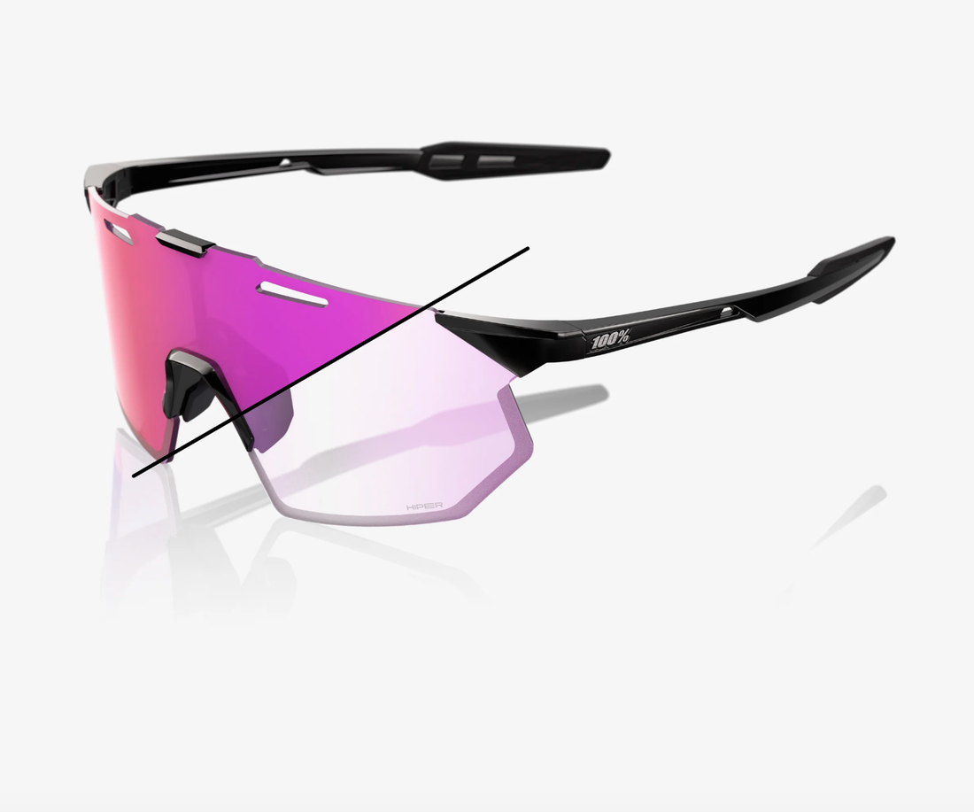 100% Hypercraft SQ gloss black sunglasses with purple mirror photochromic lens for adaptive cycling performance