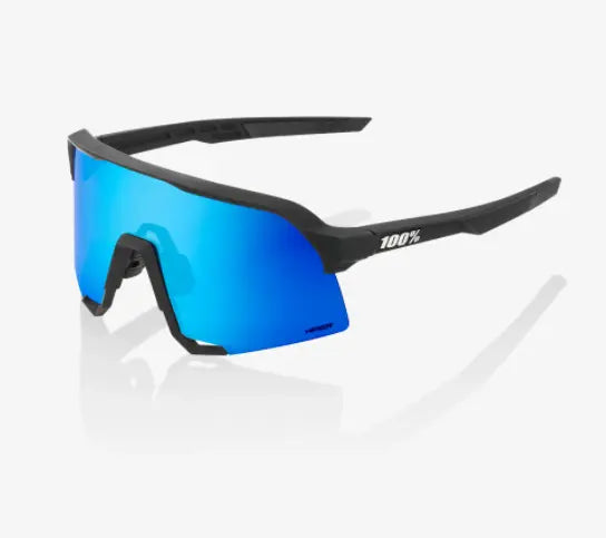 100% S3 matte black cycling sunglasses with blue mirror and clear interchangeable lenses for performance riding
