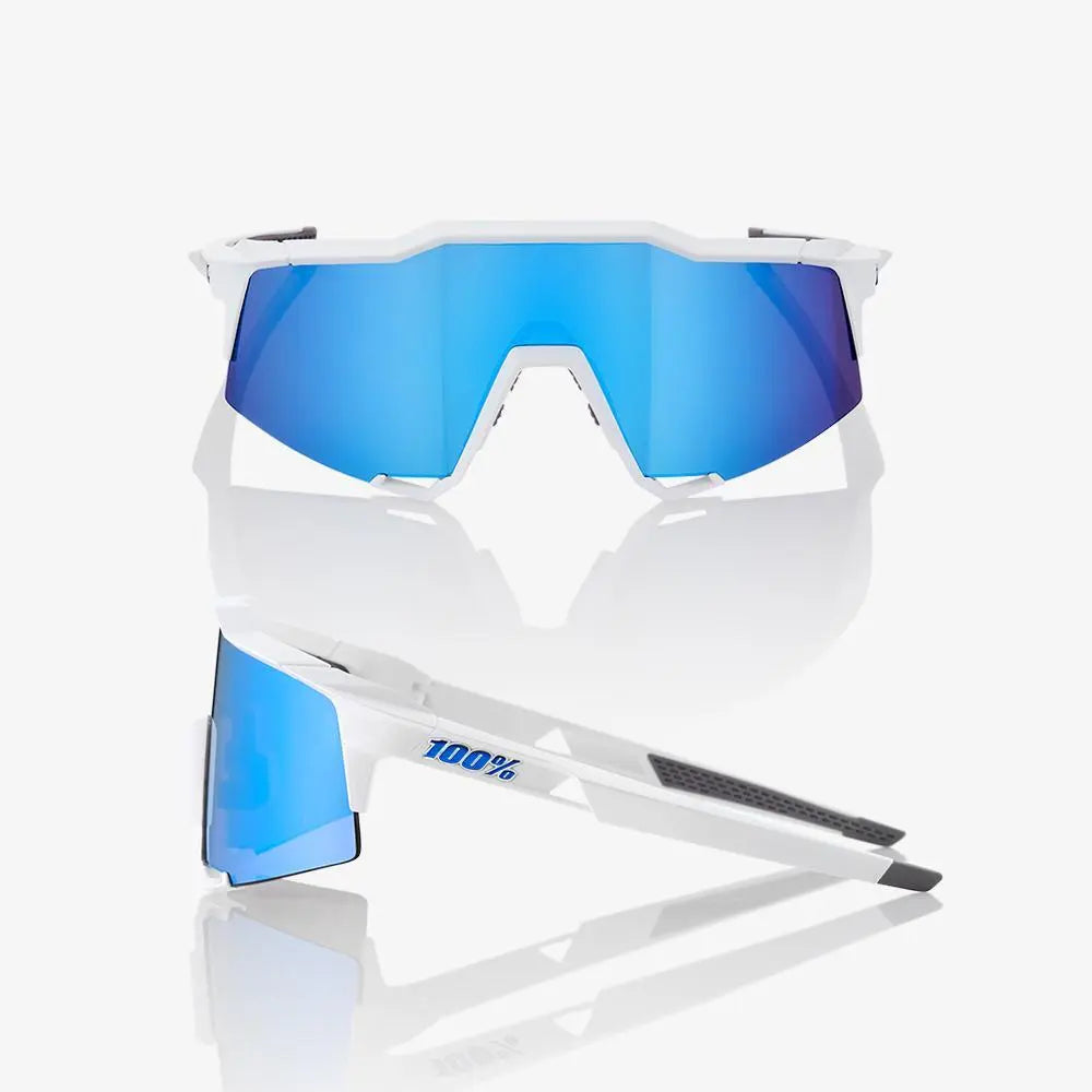 100% Speedcraft Matte White cycling sunglasses with Hyper Blue multilayer mirror lens