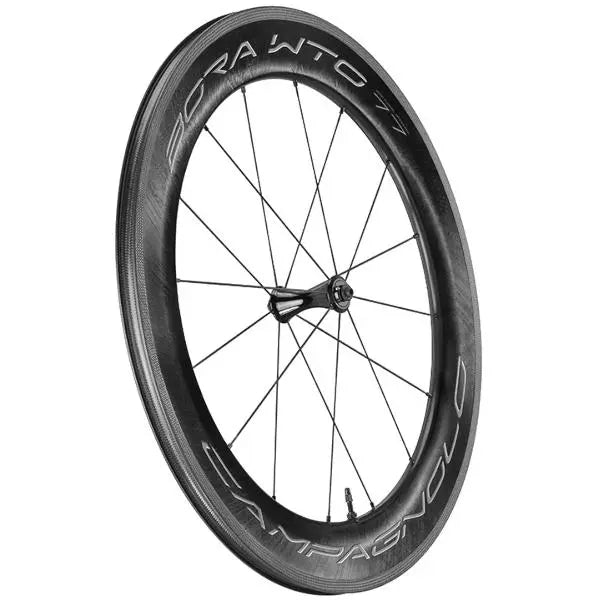Campagnolo Bora WTO 77 Clincher Tubeless Ready Front Wheel for time trial and triathlon bikes – aerodynamic lightweight carbon wheel