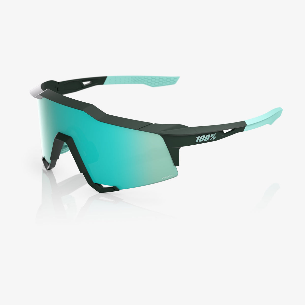 “100% Speedcraft cycling sunglasses with HiPER Mint mirror lens – Soft Tact Juniper performance eyewear”