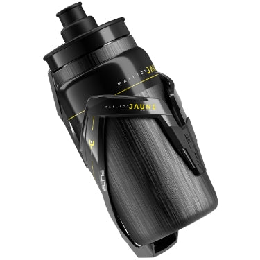 Elite Fly Tex 550ml yellow jersey edition water bottle with Custom Race Plus cage