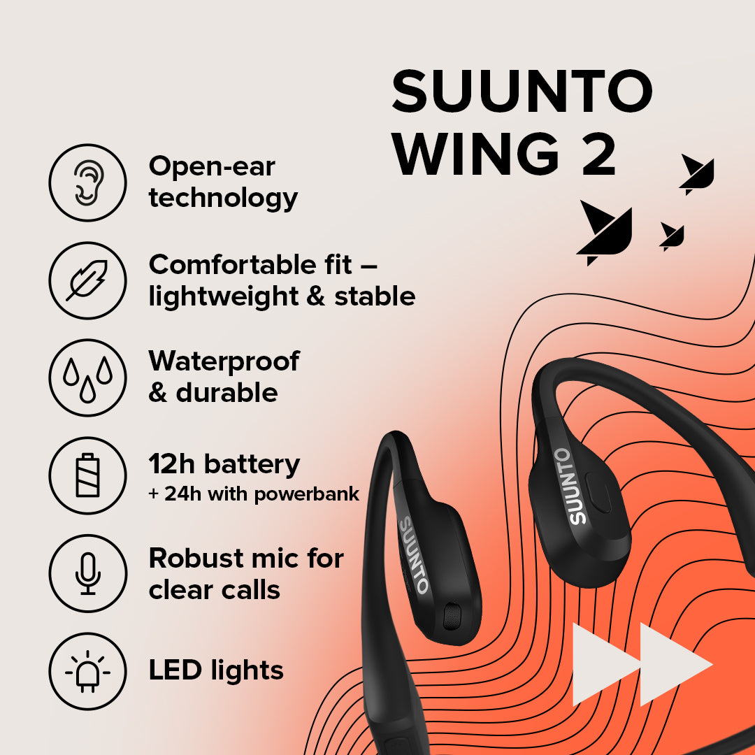 Suunto Wing 2 open-ear sports headphones designed for cycling, running, and outdoor training with wireless Bluetooth connectivity
