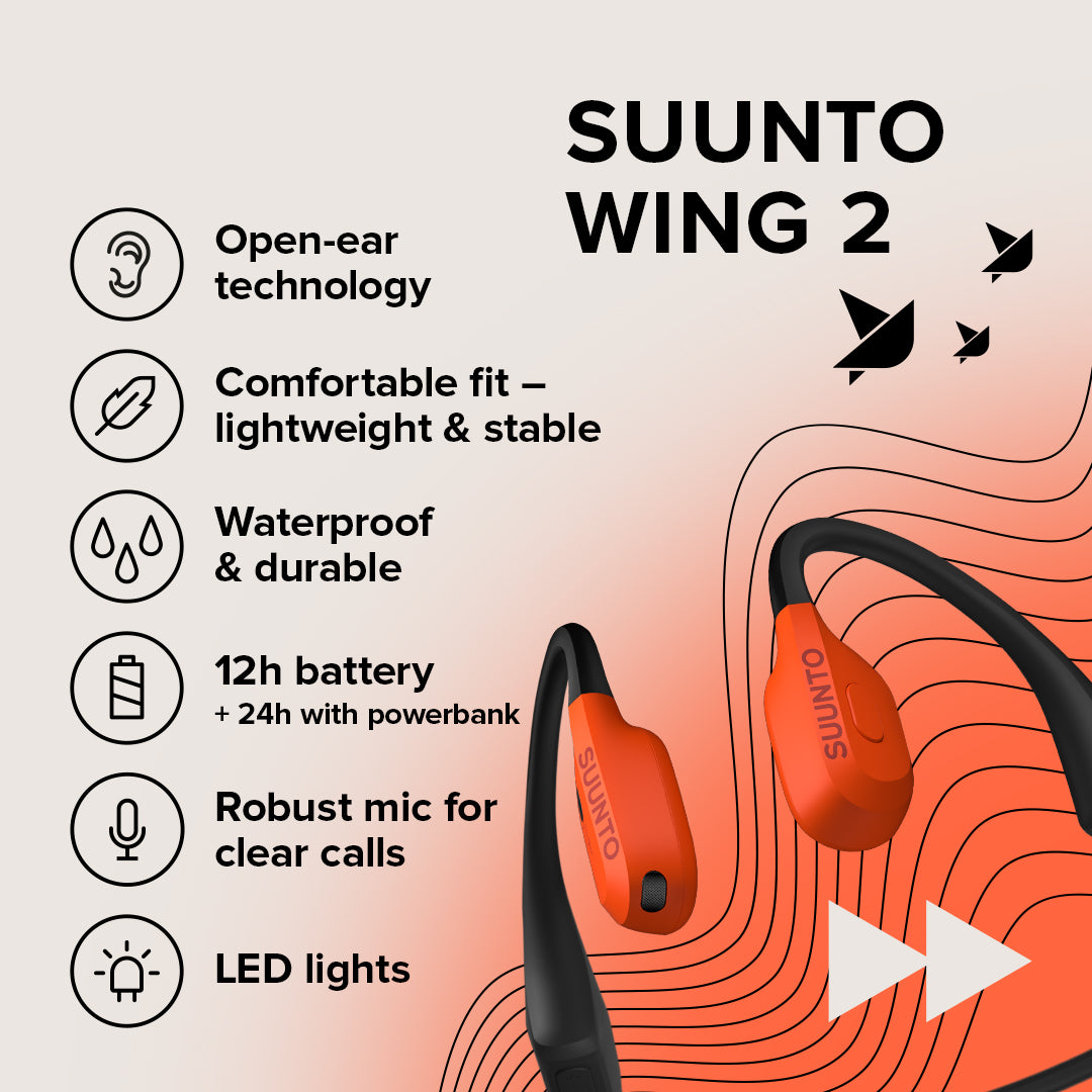 Suunto Wing 2 open-ear sports headphones designed for cycling, running, and outdoor training with wireless Bluetooth connectivity